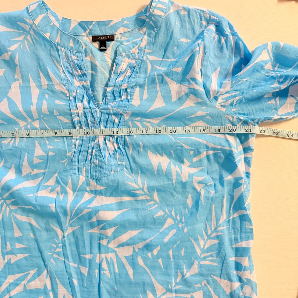Talbots Womens Blue White Palm Leaf Print Pintuck Cotton Tunic Top Large L - Picture 3 of 6